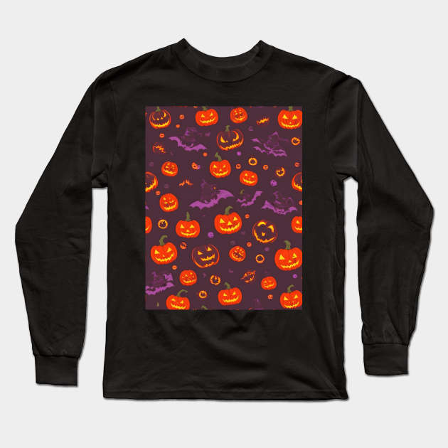 Halloween Spooky Orange Pumpkin Pattern Long Sleeve T-Shirt by TrendyTees